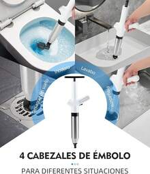 Kit de 8 Herramientas Destapacaños de inodoro, Acero Inoxidable Premium, Incluye Medidor de Presión y 4 Ventosas, Bomba Todo en, Alta Presión para Inodoro, Lavabo, Bañera y Tuberías (Blanco) - Blanco - Ver 6