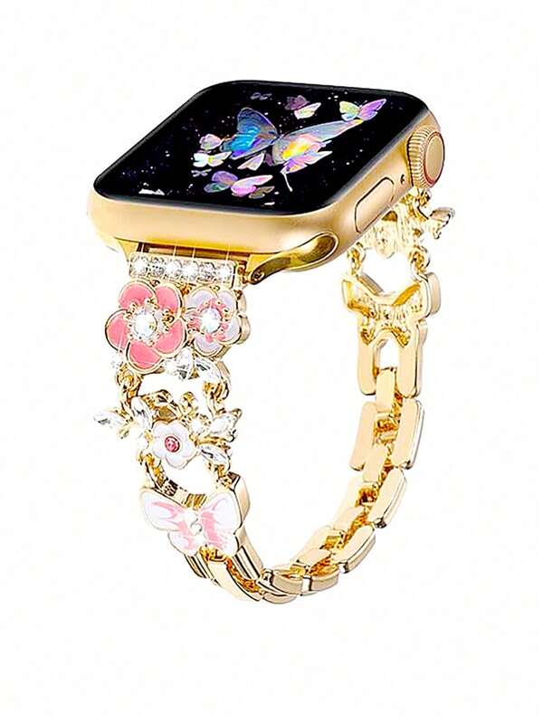 1 Cinturino per orologio compatibile con Apple Watch SE/9/8/7/6/5/4 Serie 38mm-49mm, con fiore e farfalla in metallo, cassa dell'orologio scintillante e cava realizzata in materiale guscio duro in PC + cornice in metallo con strass colorati per una protezione multi-funzione, orologio intelligente resistente agli urti, touchscreen senza ritardi, leggero e durevole, chiusura regolabile in metallo per una vestibilità migliore, regalo unisex, cassa e cinturino venduti separatamente (orologio non incluso)