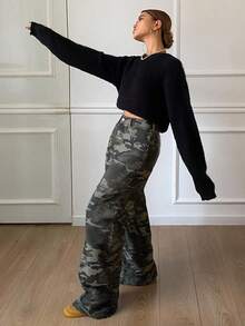 Livesso Women's Casual Camouflage Print Wide Leg Jeans - Blue - View 3