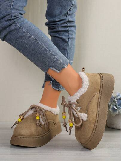 2025新款冬季短款厚底雪地靴/时尚双排金属扣，系带设计/加厚保暖内里，防滑保暖，时尚百搭/厚底踝靴，冬季穿搭必备，毛绒靴