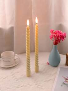 2 件螺旋图案子弹蜡烛，象牙色仿螺纹长茎电子蜡烛灯，适用于节日、婚礼、约会之夜、晚餐氛围装饰，无烟长茎蜡烛，节日装饰 - 黃色 - 查看 7