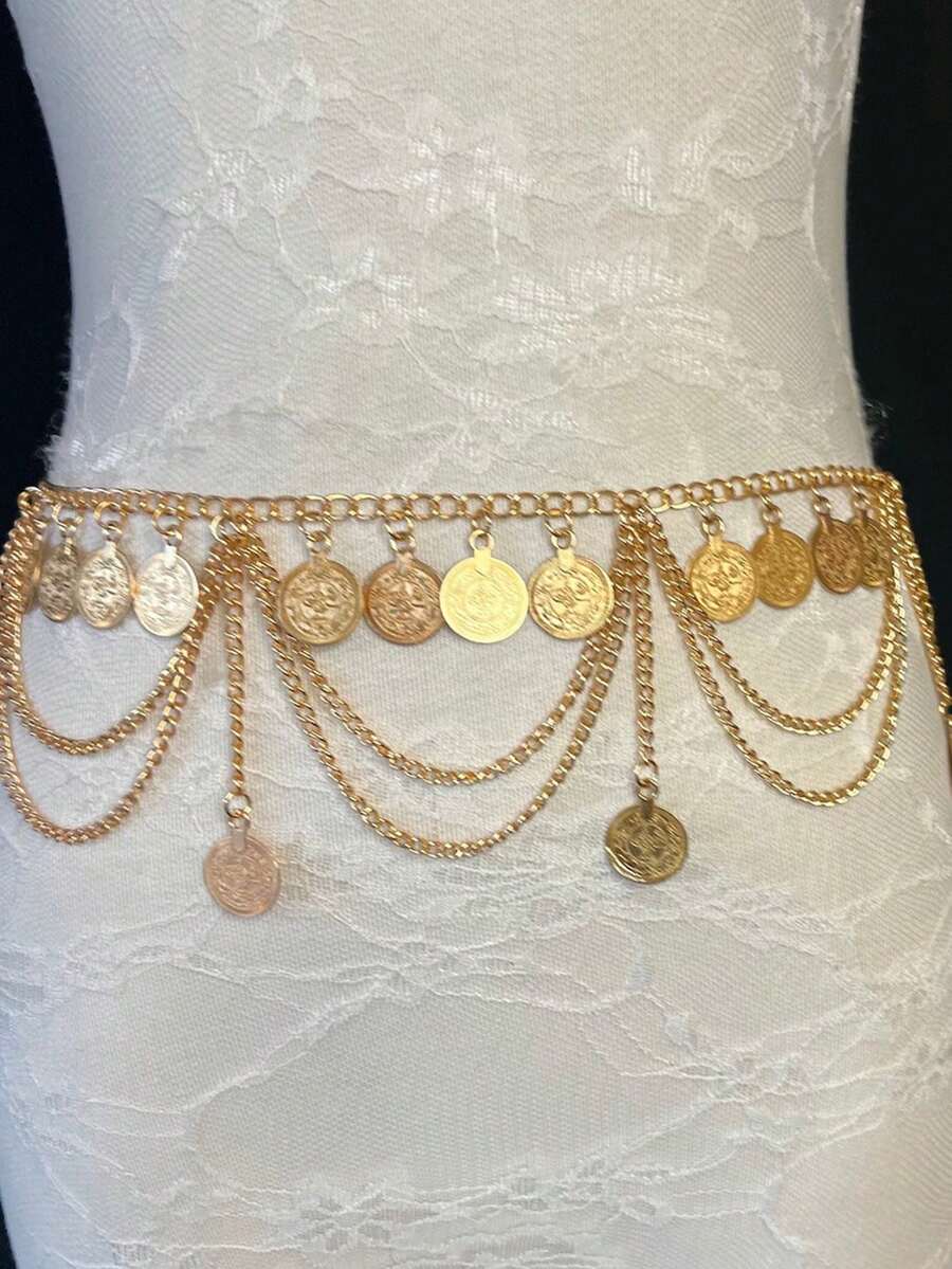 17KM 1pc Vintage Metal Coin Tassel Waist Chain, Simple Fashion Accessory For Women, Suitable For Vacation, Date, Daily, Party, Wedding, Gift For Mom Or Girlfriend - Yellow Gold - View 1
