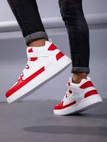 1 par de zapatillas de skateboard de caña alta para hombres, blanco y rojo, cómodas zapatillas casuales con cordones y suela de EVA, adecuadas para uso diario, ir y venir, ocio, fitness, reuniones y talla grande, otoño