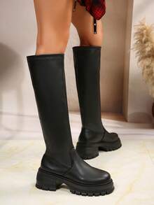 女士秋冬新款小巧高筒靴黑色厚底过膝靴马靴过膝皮靴经典时尚过膝长靴 - 黑色 - 查看 4