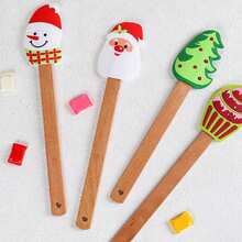 1pc Christmas Silicone Scraper With Wooden Handle, Christmas Icing Scraper, Beechwood Household Kitchen Baking Cream Cake Spatula Silicone Scraper - Multicolor - View 1