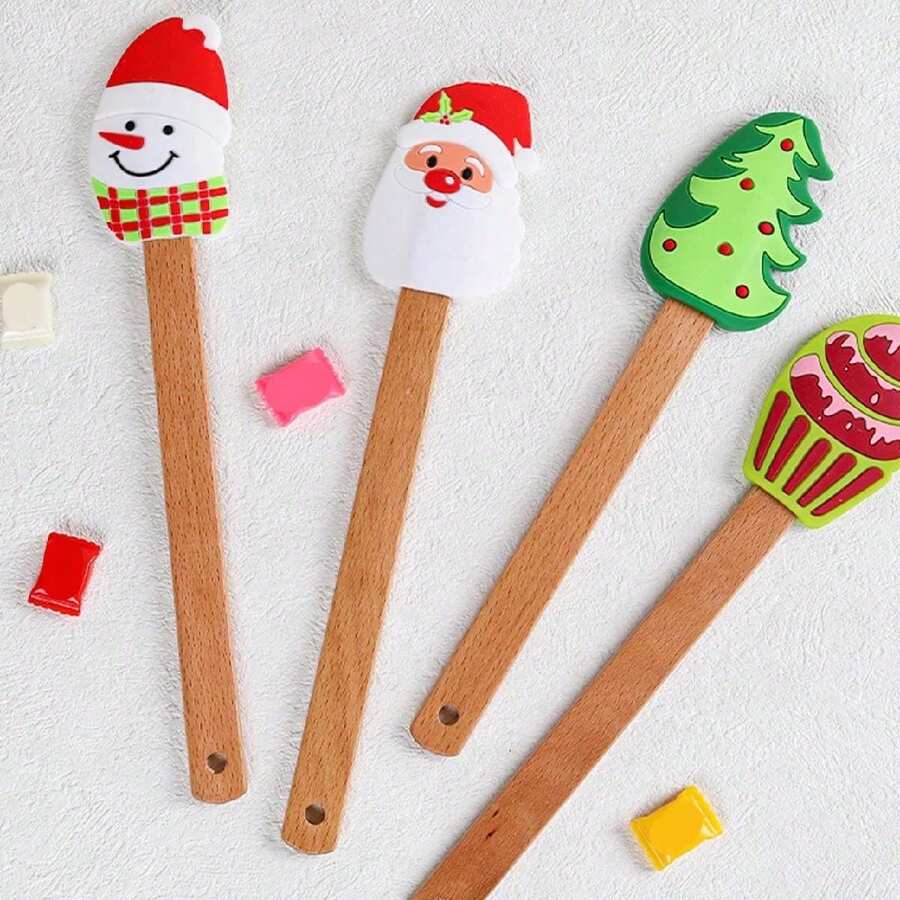 1pc Christmas Silicone Scraper With Wooden Handle, Christmas Icing Scraper, Beechwood Household Kitchen Baking Cream Cake Spatula Silicone Scraper - Multicolor - View 1
