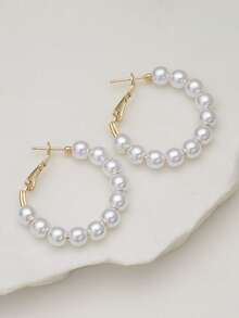 Clariva 1 Pair Fashion Elegant Bohemian Style Faux Pearl Hoop Earrings Winter Gifts - Multicolor - View 3