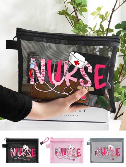 Mesh Nylon Nurse Theme Cosmetic Bag, With Nurse Pattern, Medicine Bag, Pill Bag, Portable Multi-Purpose Cosmetic Bag, Female Cosmetic Bag Travel Toilet Sorting Bag, Gifts For Doctors And Nurses Returning To School, Cosmetic Bag, Skin Care Bag, Washing Bag, The Best Gift For Medical Staff, Dormitory Essentials, And Home Essential Storage Bag, Mother's Day Gifts, Gifts For Friends, Nurse Gift, Cosmetic Bag, Christmas Gifts, Pouch, Pouch, Clutch / Small Handbag, Makeup Organizer, Pouch, Brush Holder, Mini Pouch, Large Capacity Pouch