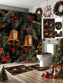 1/4 Stücke Weihnachts-Stechpalme & Tannenzapfen Glocke Muster wasserdichter Duschvorhang Set mit 12 Haken, geeignet für Fenster, Badezimmer, verschiedene Größen erhältlich