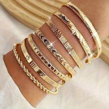 7pcs Exaggerated Personalized Hammered Hexagram & Cable Open Bangle Bracelet Set - 金色 - 查看 10