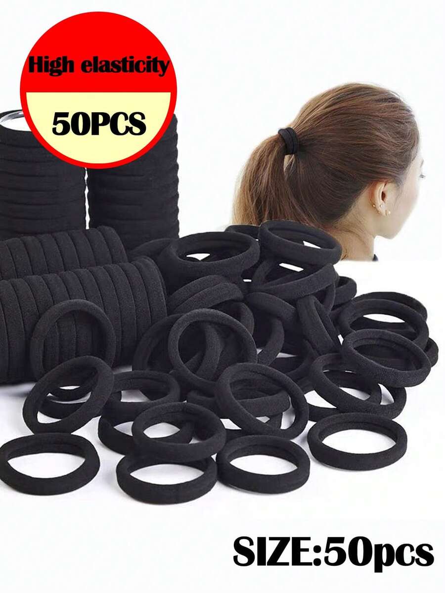 50pcs Black Simple Plain Color Elastic Hair Tie,50PCS Black Seamless Elastic Hair Bands For Women – Durable, High Stretch Solid Color Hair Ties | Enhance Style And Elegance For Parties, Birthdays, Vacation, Music Festivals, Halloween Or Sports Activities | Cute, Casual, And Versatile | Anti-Allergy, Non-Fading, Washable – 1PC Limit
