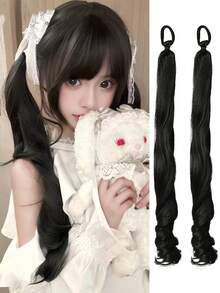 2条16英寸卷曲马尾假发，带弹性绑带，结实耐用，合成材质，适合日常佩戴，黑色/棕色 - 彩色 - 查看 12