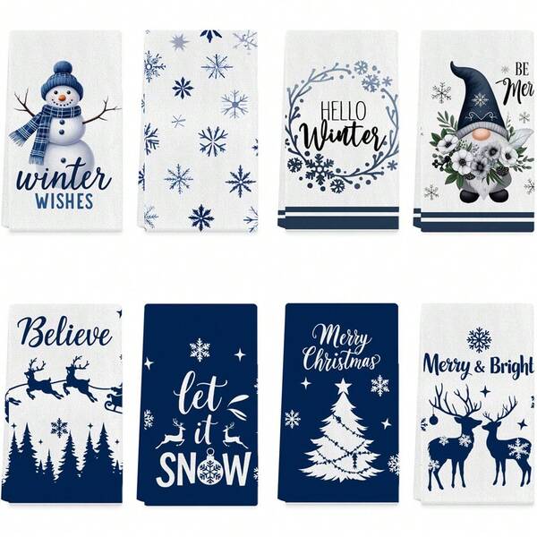 2pcs Christmas Dish Towels, Soft Absorbent Fingertip Towels, Blue Christmas Snowman, Reindeer, Gnome, Christmas Tree Decorative Cloths, Modern Style, Winter Decor, Christmas Decoration, Kitchen Towels, Home Decor