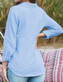 Women's Cotton Linen Blouse Long Sleeves Plus Size - Biru - View 8