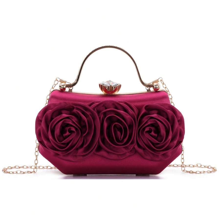 Emprier Women Flower Evening Handbag Satin Floral Clutch Purses Chain Strap Shoulder Bag - Burgundy - View 1