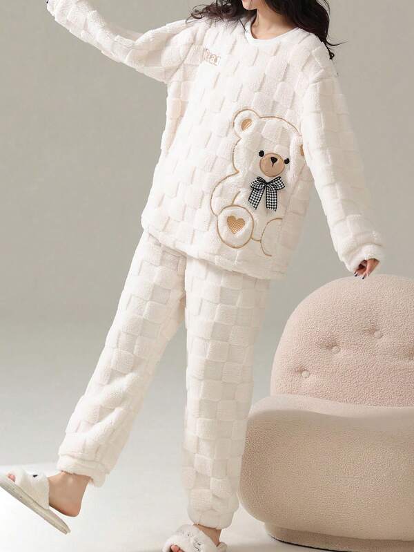 Cute Striped Fleece Pajamas - Bear Pattern Cozy Fleece Flannel Thick Warm Pajama Set - Women's Polyester Pajama Top And Pants For New Year's - Long Sleeve Crew Neck Teen Loungewear Two Pieces Set