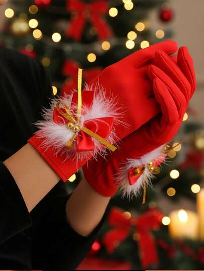 1 双圣诞铃铛手套，适合表演、化妆舞会、节日装饰、秋冬