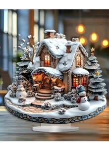 Decor de birou acrilic 2D multifuncțional, stil boho, casă de Crăciun - casă de zăpadă cu om de zăpadă și copac - cadou ideal de sărbători pentru acasă și la birou