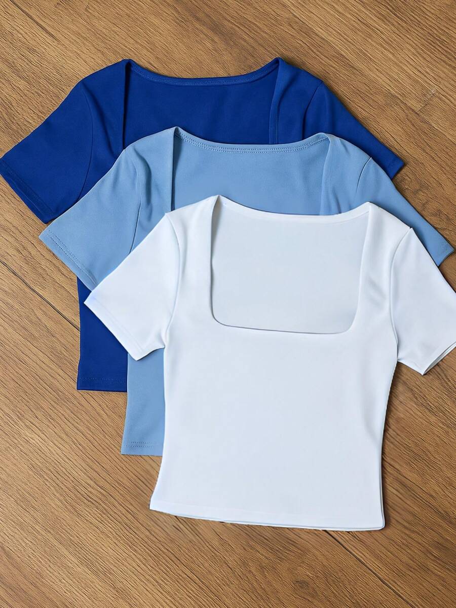 Square Suplex Cropped Top With Casual Lining For Women, Kit With 3 - 比克藍/淡藍/白色 - 查看 1