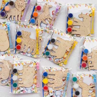 1pc Set Of Colorful & Unique Jungle Animal Wooden Decoration Pieces, DIY Painting Craft Kit (Paints & Brushes Included, Random Colors)