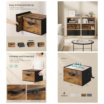 Foldable Storage Organiser Boxes, Set Of 3 Storage Basket Bins With Lids, Handles, Clothes Organiser, 40x 30x 25, Non - Woven Fabric, Rustic Brown RYZ