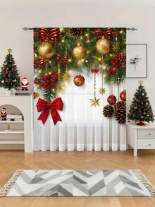 1 pieza Cortina decorativa transparente navideña, con lazo rojo, flor dorada, globo dorado, rama de pino, árbol de Navidad, adecuada para sala de estar, fiesta navideña, dormitorio, cocina, 100g/m²
