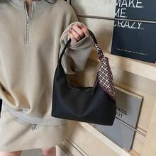 Women's Leather Shoulder Bag - Small Clutch Hobo Bag With Zipper Closure, Minimalist Underarm Crossbody Purse, Soft Leather Evening Handbag, Casual Daily Shoulder Bag For Women + Silk Scarf Gift - 黑色 - 查看 9