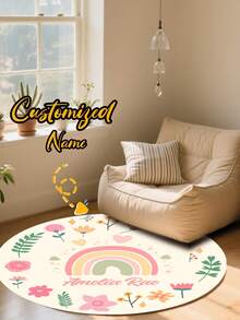 1pc Customized Round Rainbow Flower Carpet Print Your Name Faux Wool Material For Home Decor Living Room Bedroom Kids Room Sofa Bed - Multicolor - View 4
