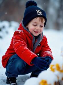 儿童冬季针织帽手套三件套，适合男婴和女婴，A-Z字母针织帽带绒球，儿童保暖手套，适合4-8岁儿童日常保暖穿着 - 藏蓝色 - 查看 4