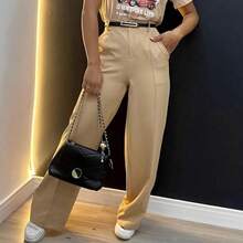 Calça Feminina Alfataria Social com Cinto Pantalona Luxo - Bege - Visão 1