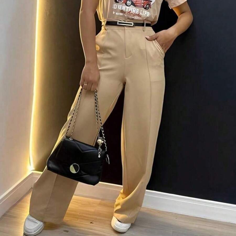 Calça Feminina Alfataria Social com Cinto Pantalona Luxo - Bege - Visão 1
