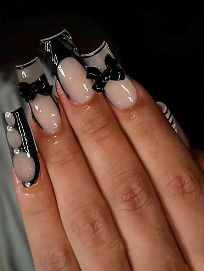 Instantly Upgrade Your Look With 24pcs Black Nails Press On Nails Long Square Nails Elegant Pearl Black Bow 3D Gel Black French Tip Nails Full Coverage Fake Nails For Women And Girls Includes 1sheet Adhesive Tabs & 1pc Mini Files Suitable For Party Date And Office Daily Wear False Nails Jelly Glue Is Randomly Shipped