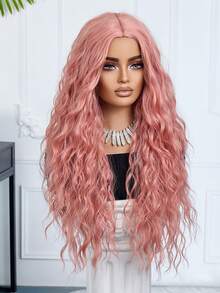 28英寸长波浪形合成假发，无刘海，粉色卷发假发，蓬松粉色中长卷发假发，专为女性设计：外观自然，耐热，适合派对、角色扮演、日常佩戴，也适合派对、音乐节，是理想的母亲节礼物，完美展现派对时尚。 - 粉色 - 查看 6