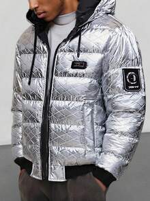 1pc Men's Silver Shiny Reflective Cuff Patch Pocket Design Cold-Resistant Padded Coat, Minimalist Hooded Style, Machine Washable, Versatile Old Money Style, Fall/Winter