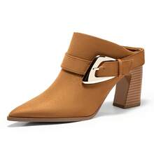 Coutgo Womens Mules Boots Chunky Stacked Heel Pointed Toe Booties Slip On Dress Boot Shoes With Buckle Decoration - màu nâu - Xem 3