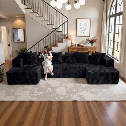 132'' U-Shape Modular Cloud Corduroy Sofa - Modern And Suitable For Living Room, Comfortable,Living Room Combination Sofa,No Assembly Needed,Popular Boneless Sectional Couch Loveseat Couch Vacuum-Sealed Compression Sofa