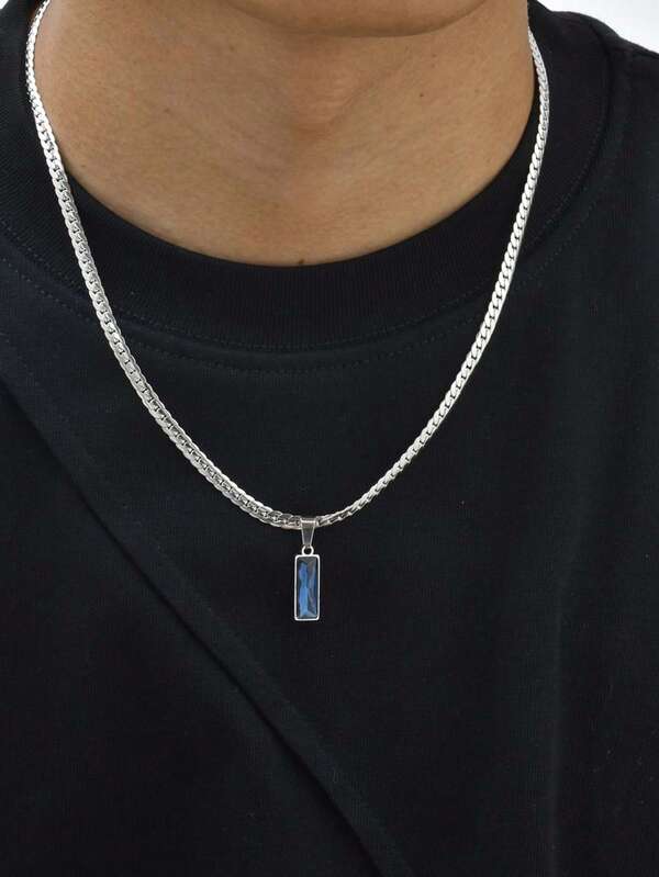 1pc Minimalist Stainless Steel Silver, Blue, Black Glass Geometric Pendant Necklace, Men's Everyday Jewelry