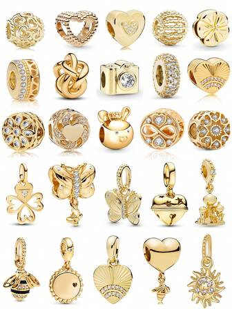 1 Pc Gold Charm Beaded Series Love Flower Four Leaf Clover Butterfly Bee Sun Camera Bell Castle Beaded Pendant Accessories For Women DIY Bracelet And Necklace Fine Jewelry Making Gift Holiday Series Valentines