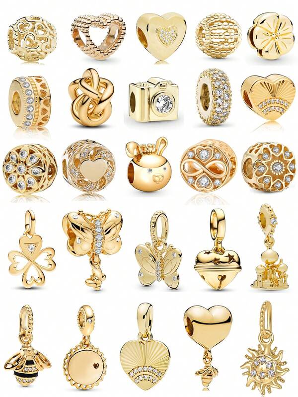 1 Pc Gold Charm Beaded Series Love Flower Four Leaf Clover Butterfly Bee Sun Camera Bell Castle Beaded Pendant Accessories For Women DIY Bracelet And Necklace Fine Jewelry Making Gift Holiday Series Valentines