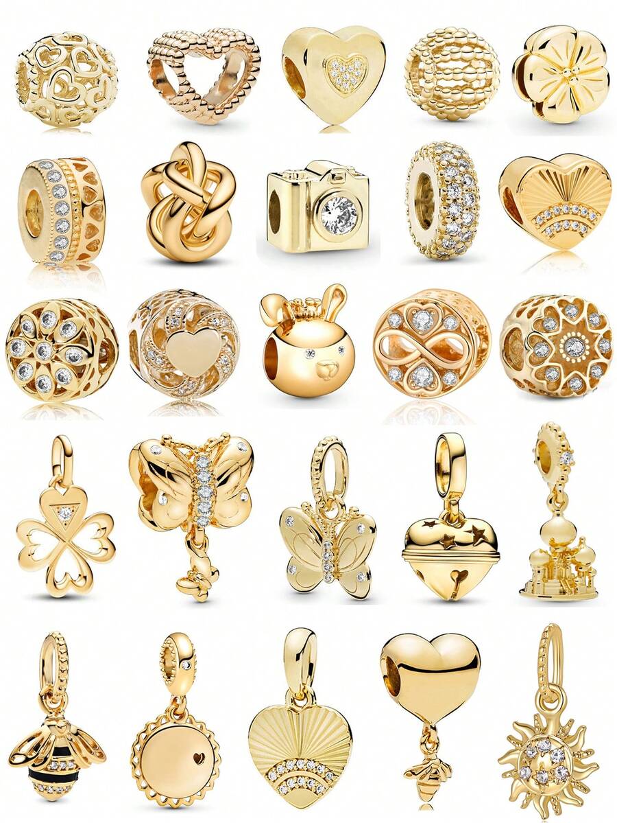 1 Pc Gold Charm Beaded Series Love Flower Four Leaf Clover Butterfly Bee Sun Camera Bell Castle Beaded Pendant Accessories For Women DIY Bracelet And Necklace Fine Jewelry Making Gift Holiday Series Valentines