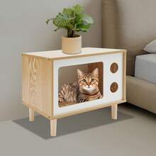 TFCFL Cat House, Floorstanding Cat Bed Indoor, 19.7*11.4*15.7in TV-Shaped Cat Shelter For All Kinds Of Indoor Cats And Small Dogs Weighing Around 9.92 Pounds - 木色+白色 - 查看 4
