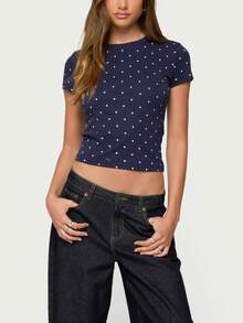 Women's Polka Dot T-Shirt Vintage Short Sleeve Crew Neck Slim Fit Crop Tops Soft Cotton Pullover Shirt Summer Cute Baby Tee Casual Streetwear Going Out Outfit - 藏蓝色 - 查看 1