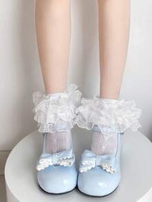 1 双女士夏季薄款网眼镂空蕾丝花心图案网纱纯色洛丽塔可爱中筒袜