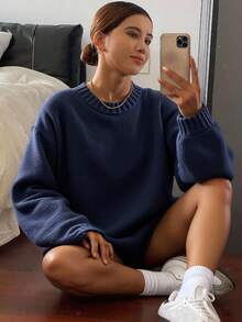 Livesso 休闲纯色落肩超大毛衣，秋冬，长袖上衣，秋季女装 - 藏蓝色 - 查看 3