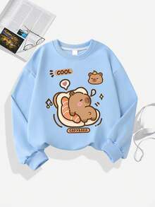 1PC Girl Fun Elements & Cartoon Capybara Crew Neck Sweatshirt, Cute, Spring Autumn School Activities Personalized Style - Blue - View 2