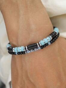 2/3pcs Teens' Fashionable Elastic Cube & Volcanic Stone Beaded Bracelet Set, Suitable For Friend Gifts, Punk Style Multi-Layer Stacking Creative Bracelet, Matching Father-Son Outfits For Travel Or Vacation - Multicolor - View 7