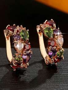 1pair Gorgeous Monalisa Colorful Cubic Zirconia Paved Elegant Round Decor Earrings Luxury Party Jewelry For Women - Rose Gold - 查看 1
