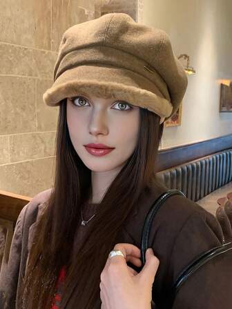 1pc Women's Solid Color New Autumn/Winter Fleece Trim Beret Hat, Fashion Versatile Casual Newsboy Cap, Suitable For Daily Wear