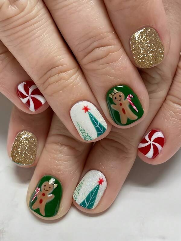 Instantly Upgrade Your Look With 24pcs Green Press On Nails Short Shining Golden Glitter Gingerbread Man Pine Tree Candy Pattern French Tip Nails Full Coverage Fake Nails For Women And Girls Includes 1sheet Adhesive Tabs & 1pc Mini Files Suitable For Party Date And Office Daily Wear False Nails Jelly Glue Is Randomly Shipped