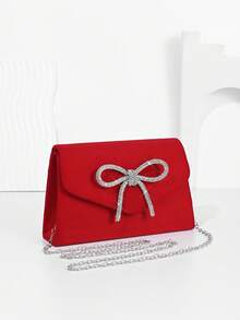 Túi xách nhung mini màu đỏ đính nơ Rhineston lấp lánh dành cho nữ, túi xách dự tiệc và đám cưới - Đỏ - Xem 6